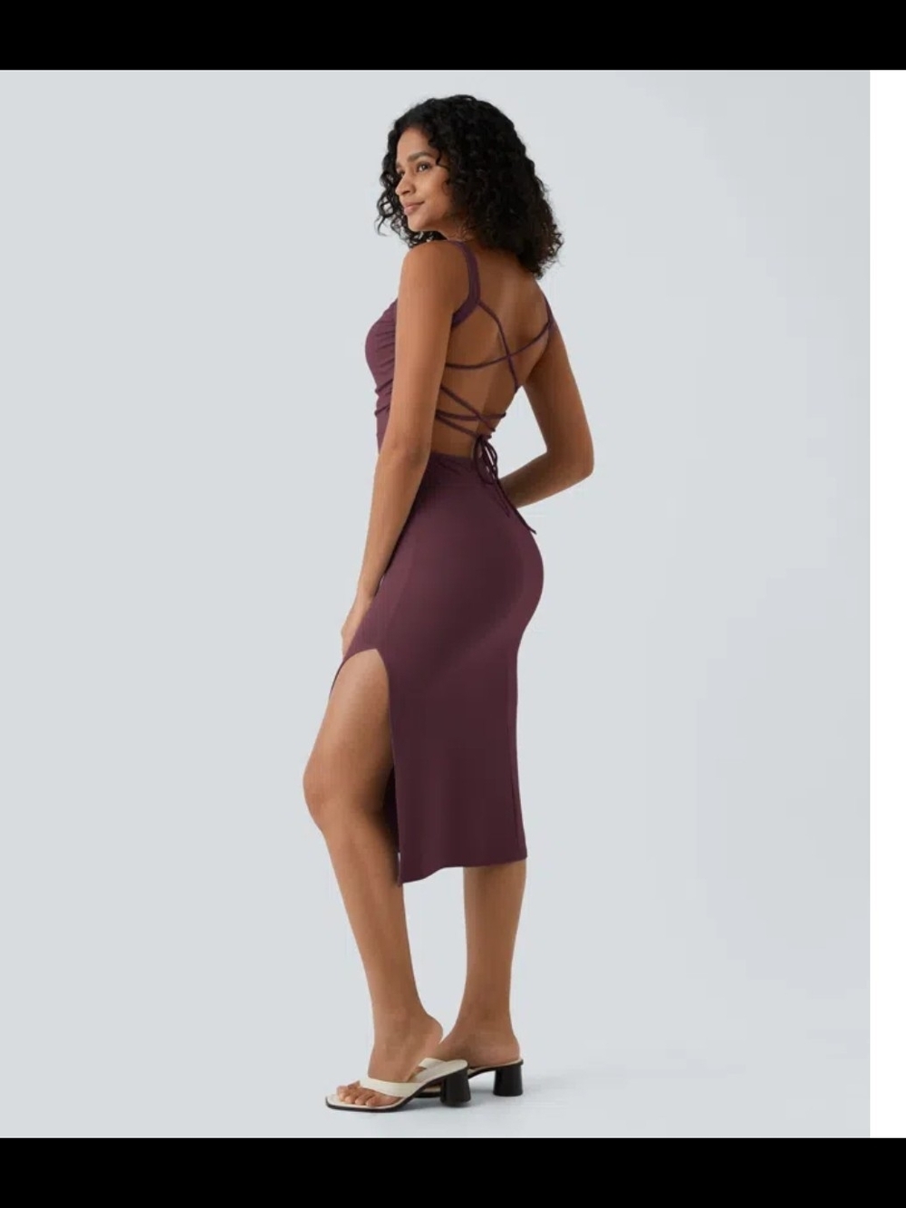 Halara Ruched Lace Up Bodycon Midi Casual Dress - Picture 5 of 5